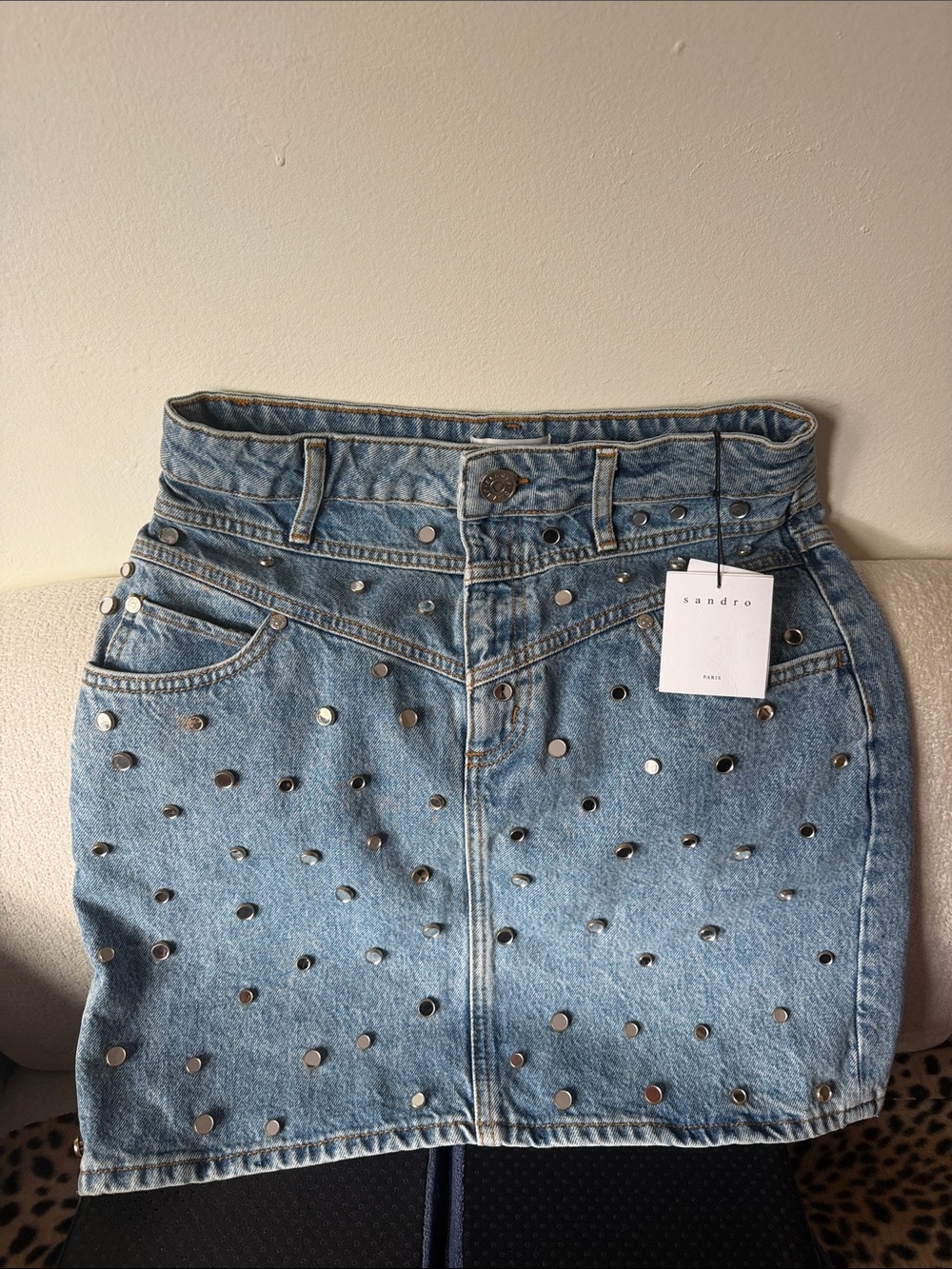 Sandro Blue Denim Mini Skirt with Multicolor Metallic Dots